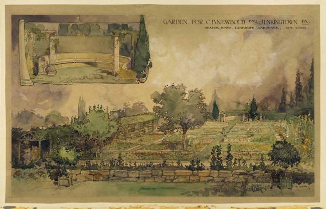 Watercolor rendering of garden proposed for Clement and Mary Newbold