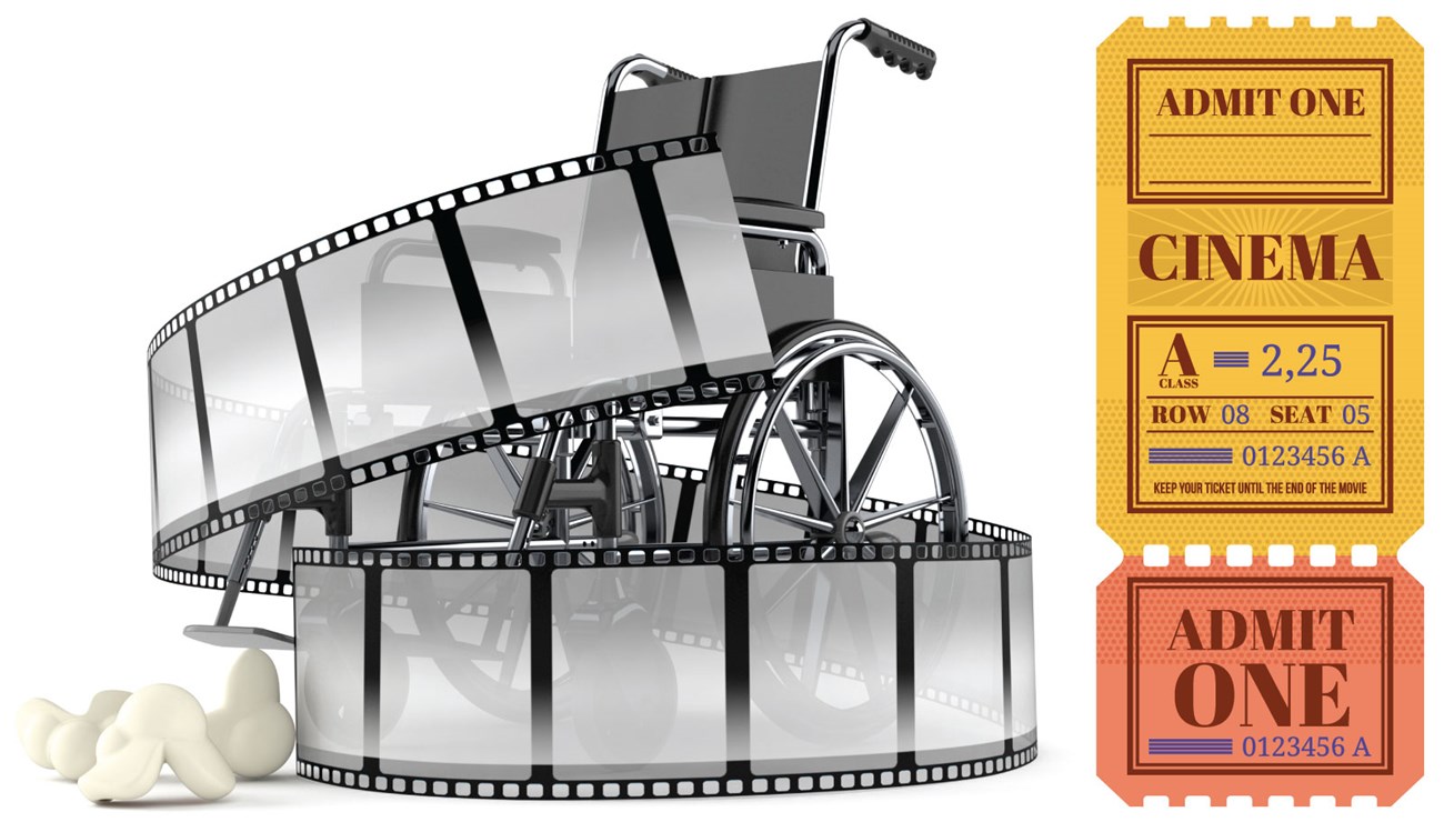 Graphic image of a wheelchair with film strip and large piece of popcorn.