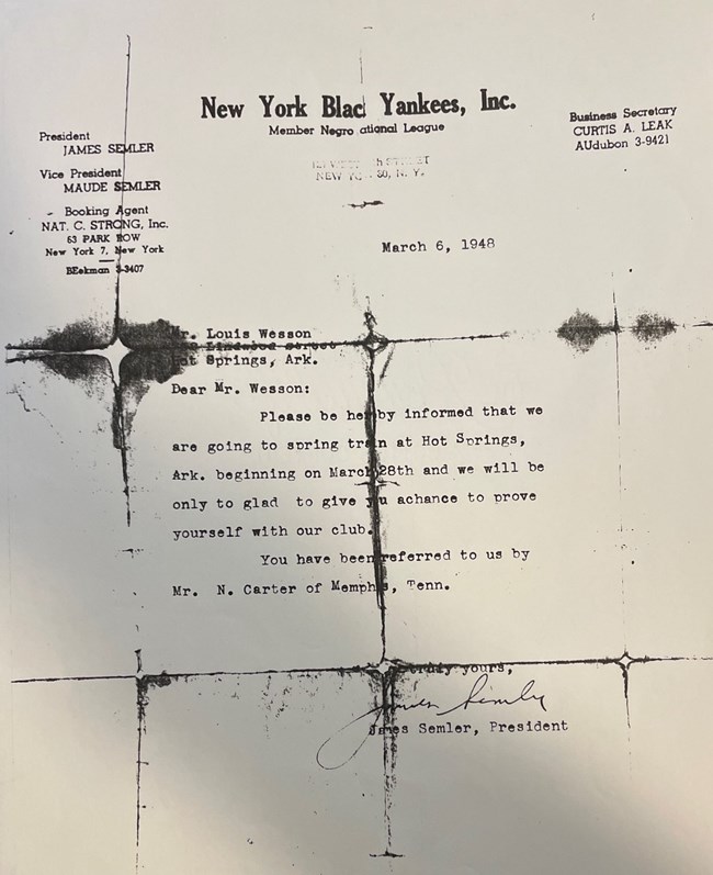 Photocopied letter with “New York Black Yankees, Inc.” letterhead dated March 6, 1948. Letter is eight lines long and signed at the bottom by “James Semler, President”