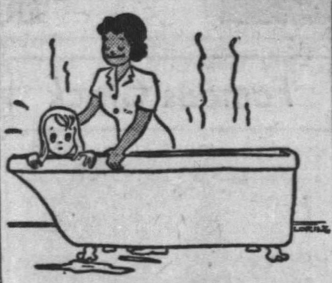 Illustration of woman sitting in bathtub as woman outside bathtub bathes her