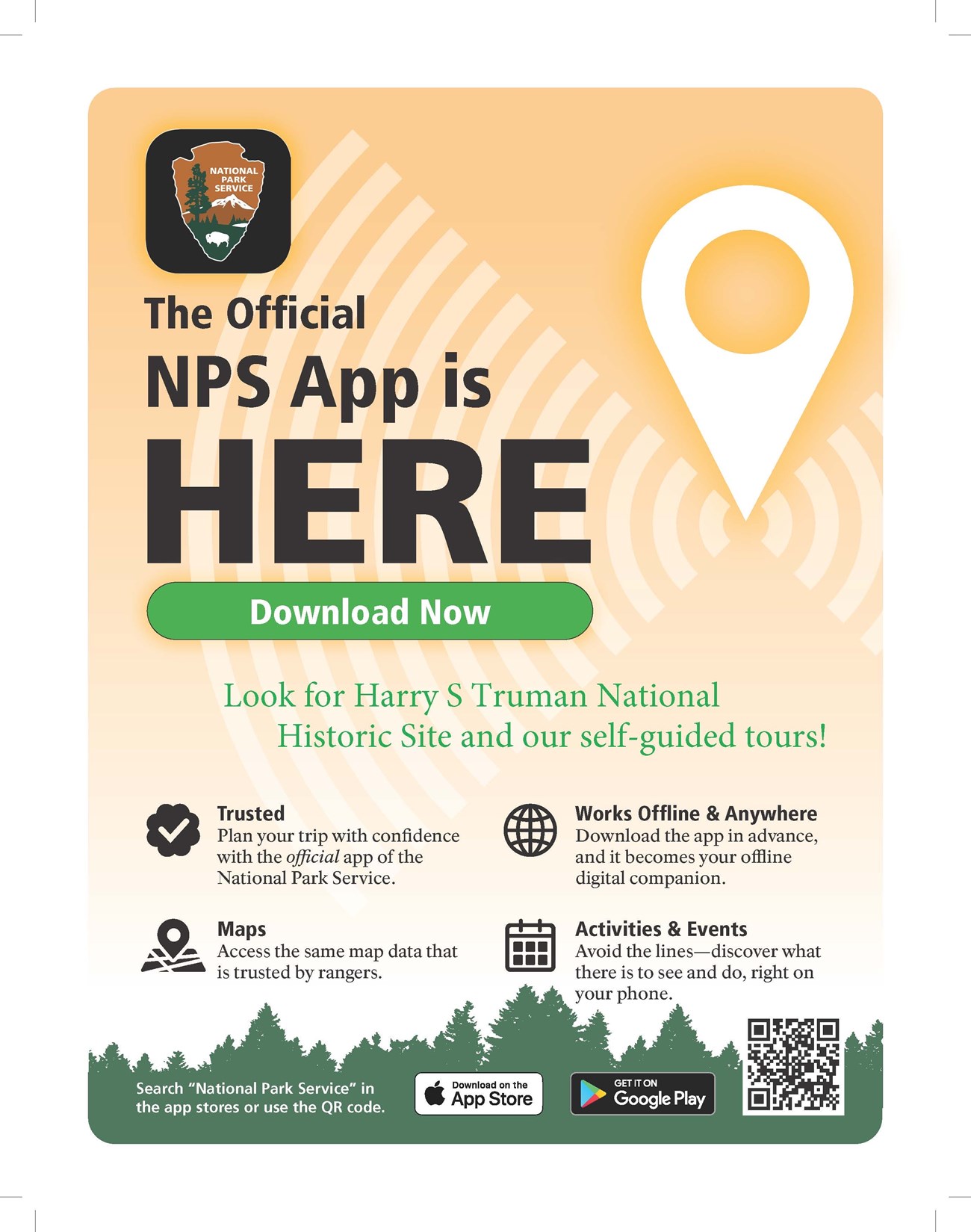 Mostly yellow sign for the new NPS phone app, with QR code. Green trees silhouetted.