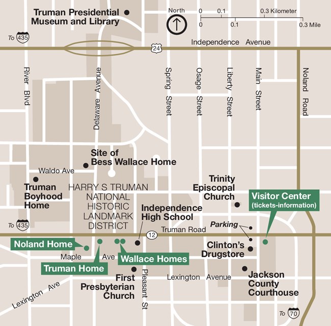 A map of downtown Independence, Missouri, shows the streets around the Truman Home, and highlights park facilities and local attractions.