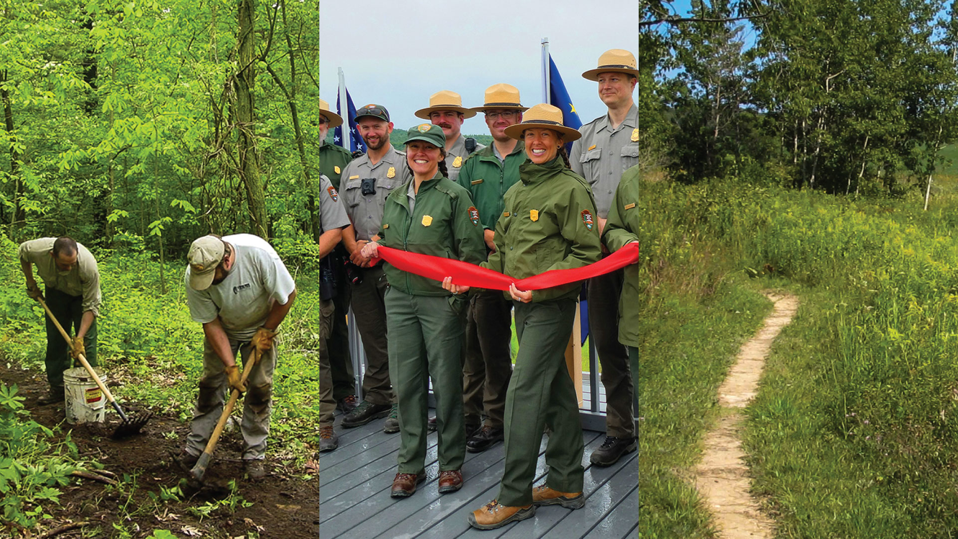 Three photographs placed together showing trail builders working in a forest, National Park service staff holding a ribbon, and a trail winding through grass into a forest.