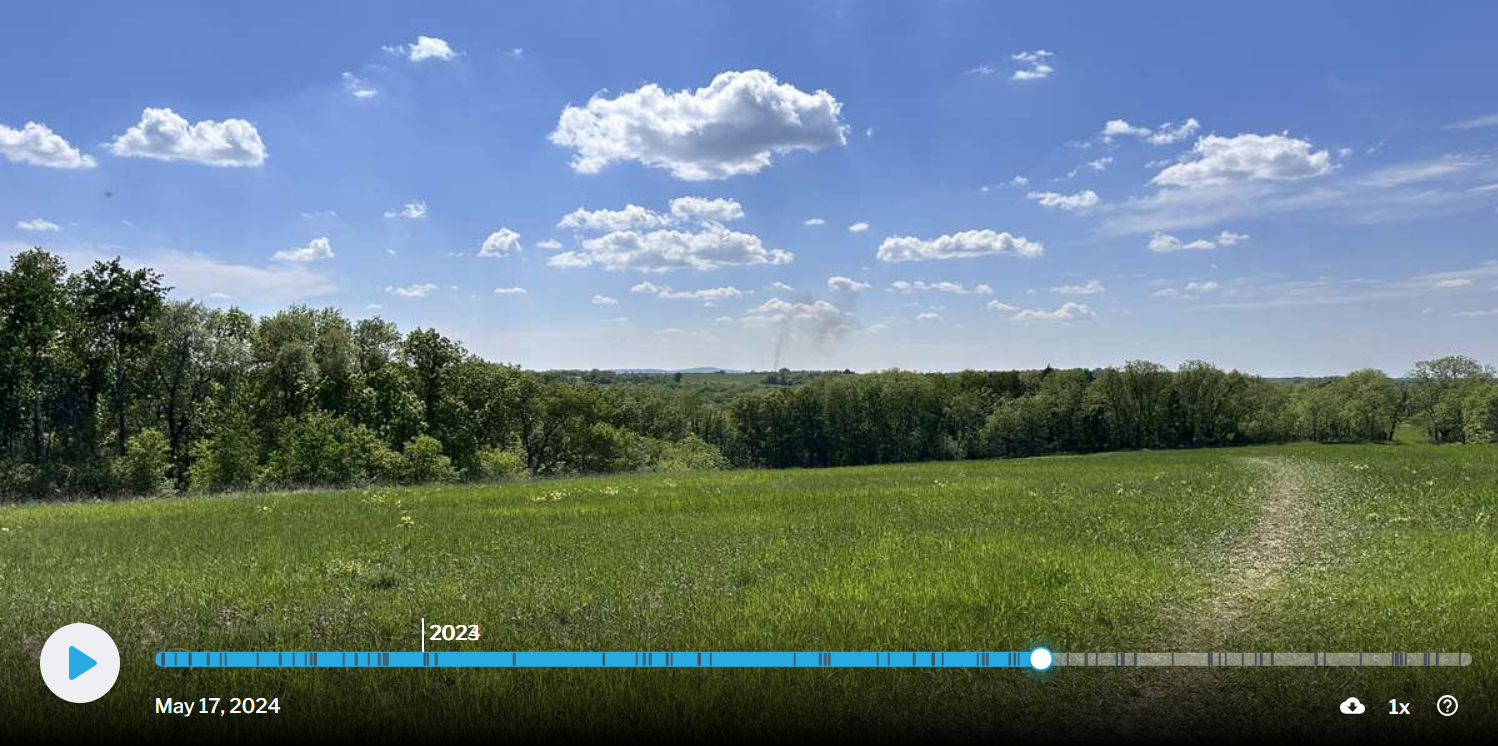 Screenshot of a single timelapse photo of a grassy green hillside with trees in the background and a blue sky.