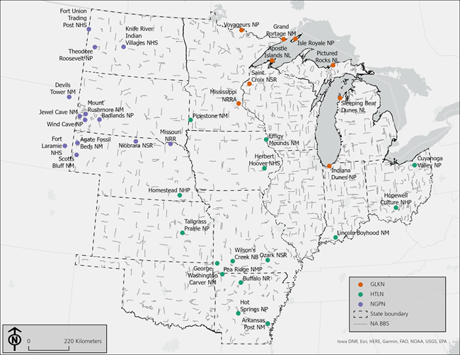 NABBS Survey Routes A map of the central United States with small gray lines and colored dots