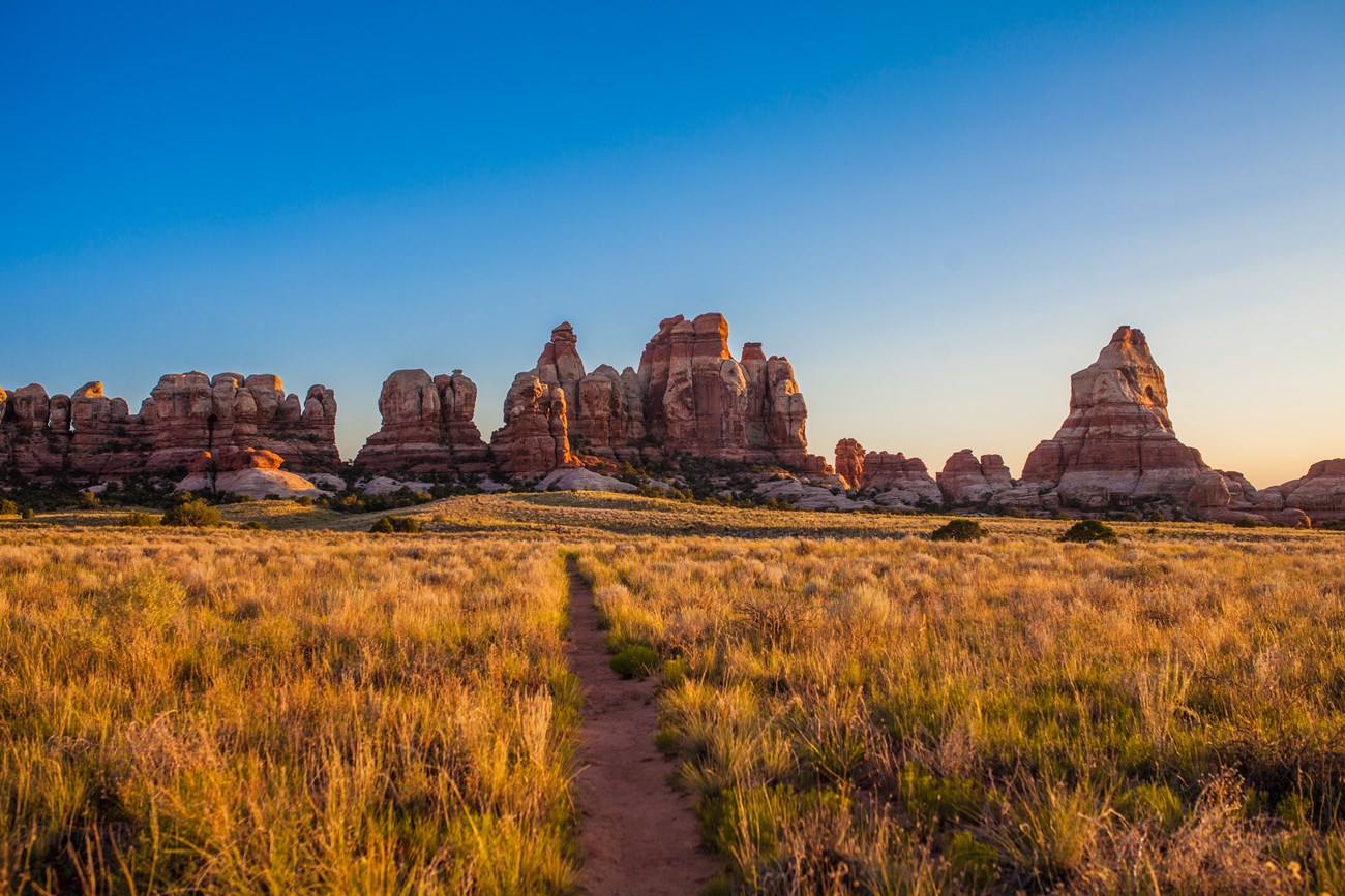 A trail passes through a grassy landscape toward distant rock pinnacles