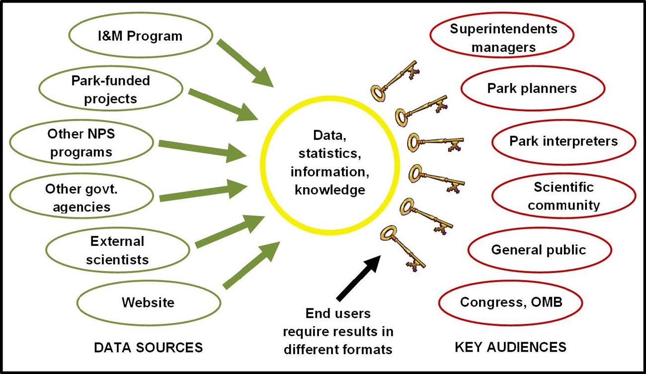 Data collection and dissemination Color chart showing a process of data collection and dissemination. On the left, a column titled Data Sources lists the following: I&M Program, Park-funded Projects, Other NPS programs, Other government agencies, External scientitsts, and website. Arrows point from that column to a central circle titled Data, statistics, information, knowledge. From the center, several keys, titled End users require results in different formats, point towards a column on the right, titled Key Audiences. The right column reads: Superintendent managers, Park planners, Park interpreters, Scientific community, General public, and Congress, OMB