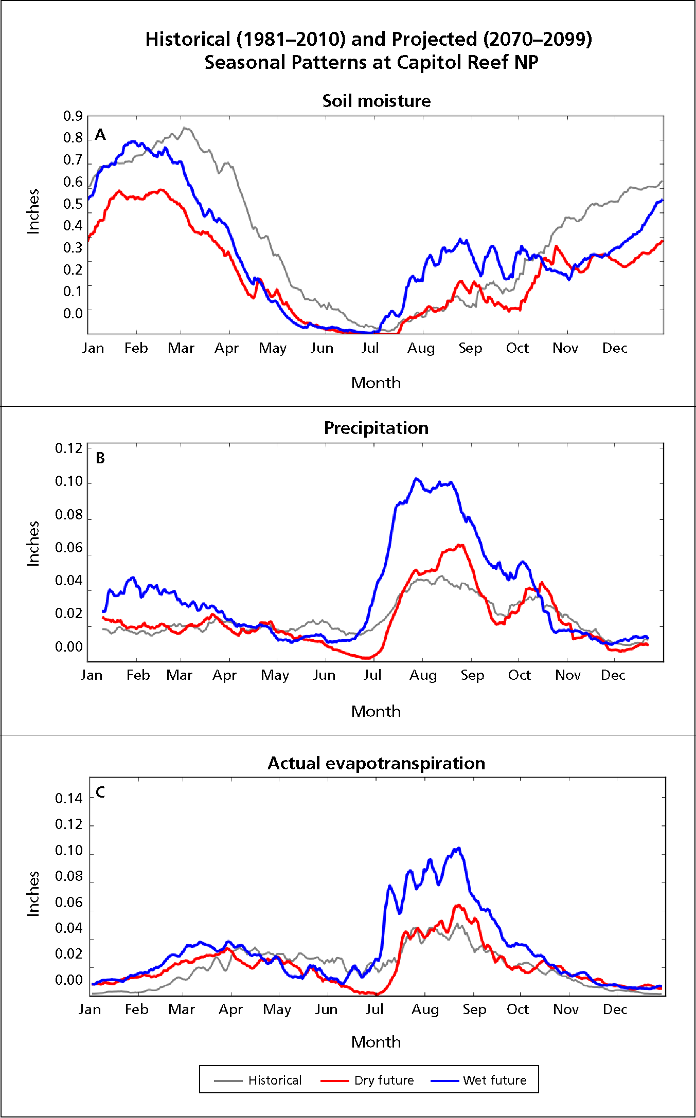 Three graphs showing inches of soil moisture (SM), precipitation (P), and actual evapotranspiration (AET) by month under historical and future scenarios at Capitol Reef NP. Historical SM ranges from ~0 inches in July to >0.8 inches in March. Under wet and dry future scenarios, SM is lower than historical levels from October to December and March to July. Under the wet scenario, SM is higher than historical levels from July to October. Historical P ranges from ~0.02 inches in winter to >0.04 inches in August. Under the wet future scenario, P exceeds historical levels from July to October and January to April. Historical AET ranges from ~0 inches in Dec/Jan to <0.06 inches in August. Under the wet future scenario, AET exceeds current levels from July to October.