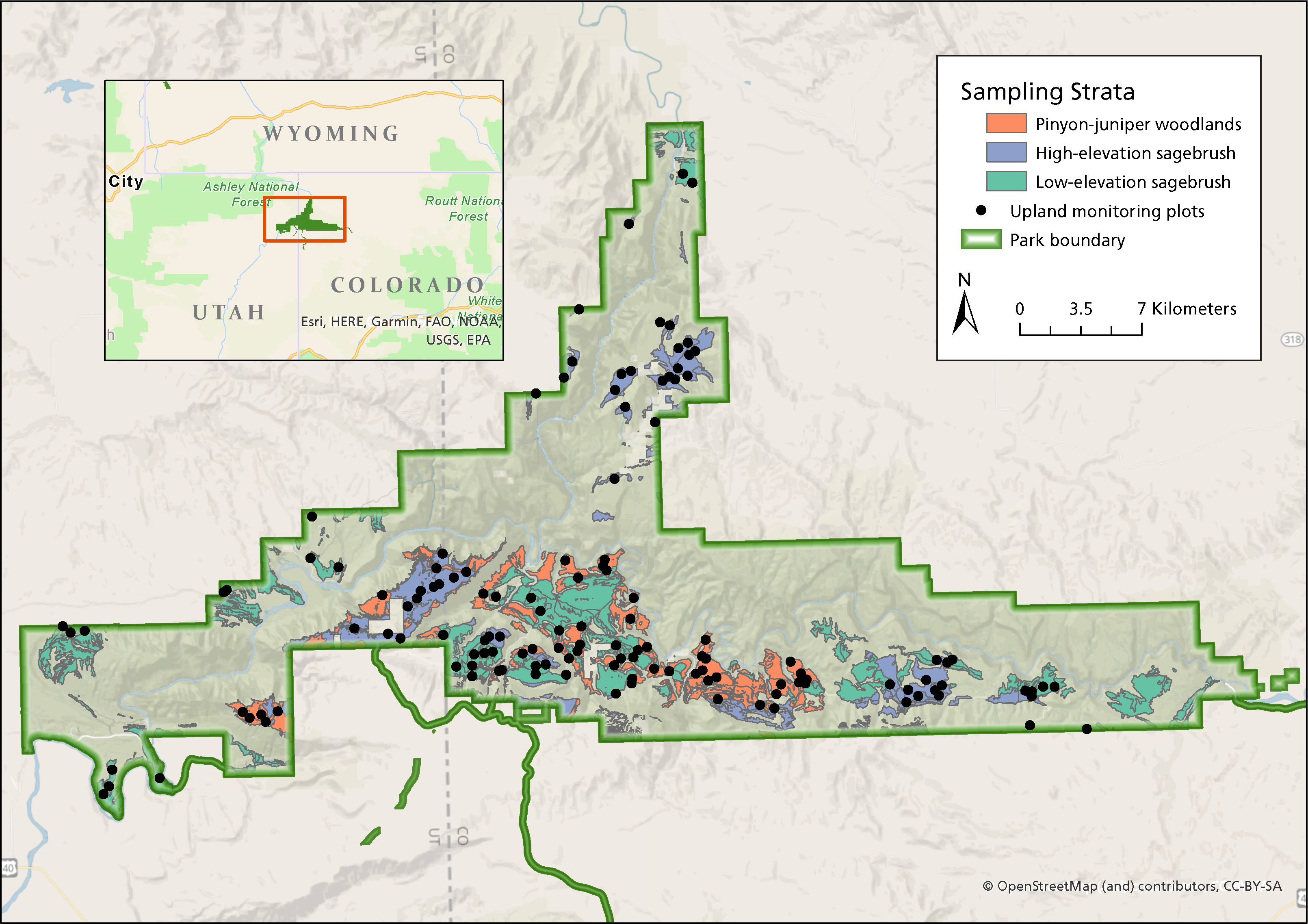  Monitoring plots and sampling strata shown on a map of Dinosaur National Monument. Sampling strata includes pinyon-juniper woodlands, and high-elevation and low-elevation sagebrush communities with plots indicated.