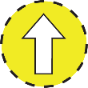 Up arrow in yellow circle with dashed outer ring.