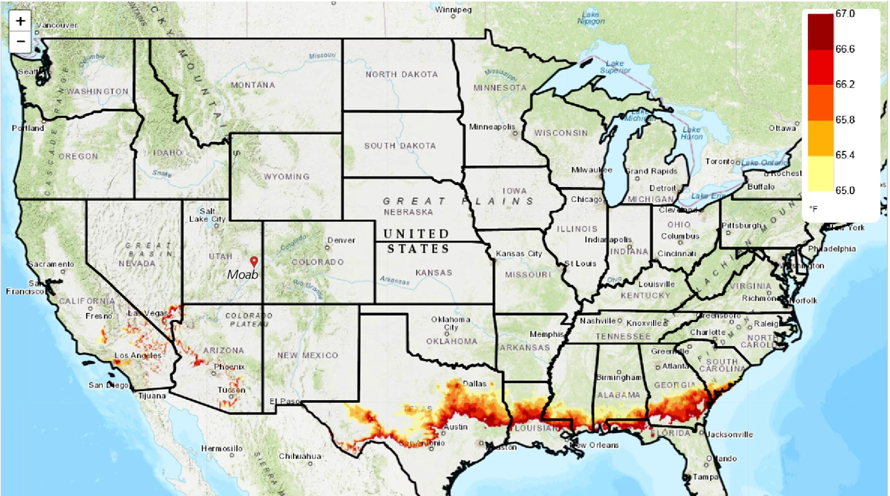 This map highlights regions across the southern United States where average temperatures reach 66°F. Map of the United States showing regions in red and orange where the average temperature is 66°F.