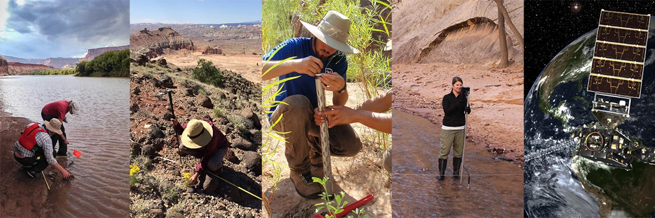 NCPN staff conducting field research across various environments. NCPN staff conduct field research in diverse environments. From left: collecting water samples in a river, surveying rocky terrain, measuring soil moisture, monitoring stream conditions, and using satellite technology for environmental observation.