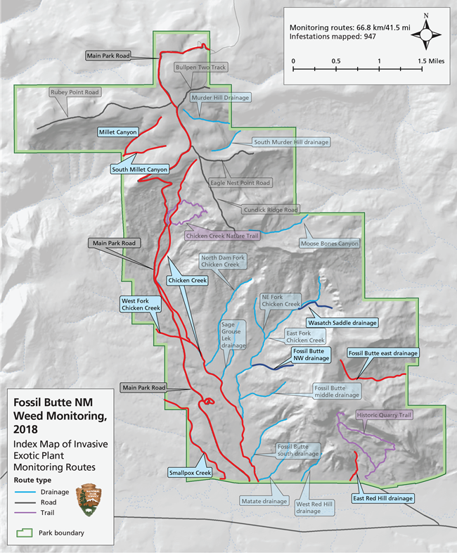 Route map Map of park showing location of 27 different monitoring routes. Routes with the highest number of IEP patches per kilometer (see text) are highlighted in red. Weed-free routes (see text) are highlighted in blue.