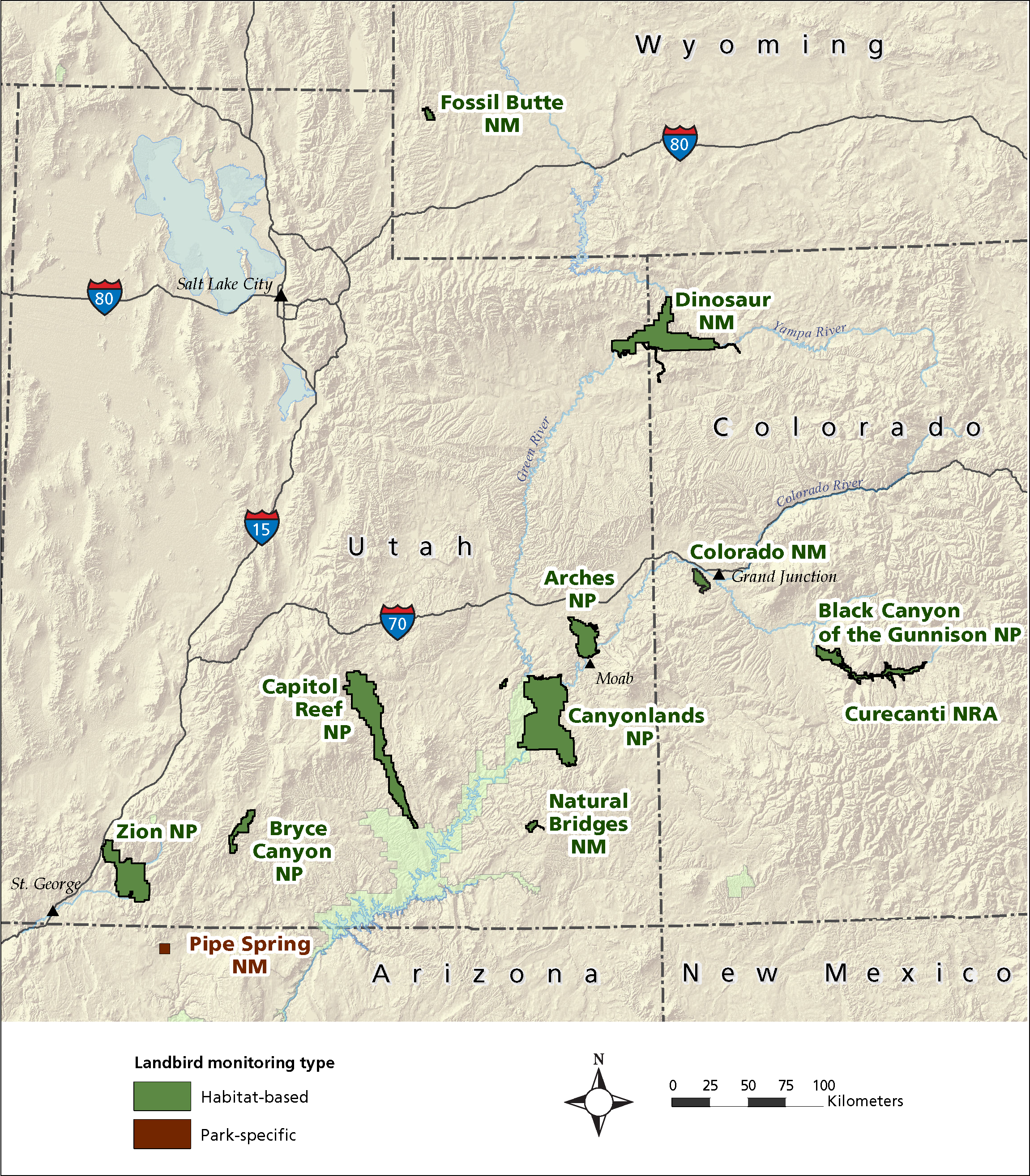 Map of NCPN parks where landbirds are monitored: Arches, Black Canyon of the Gunnison, Bryce Canyon, Canyonlands, Capitol Reef, and Zion national parks; Curecanti National Recreation Area, and Dinosaur, Fossil Butte, and Natural Bridges national monuments.