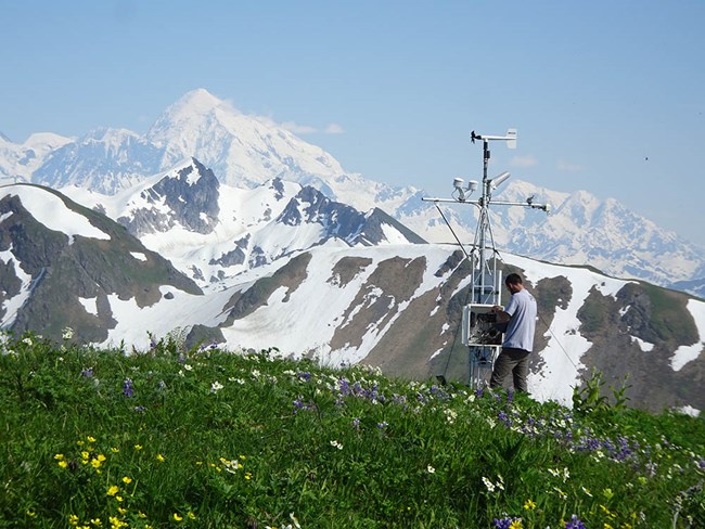 researcher installing a weather station