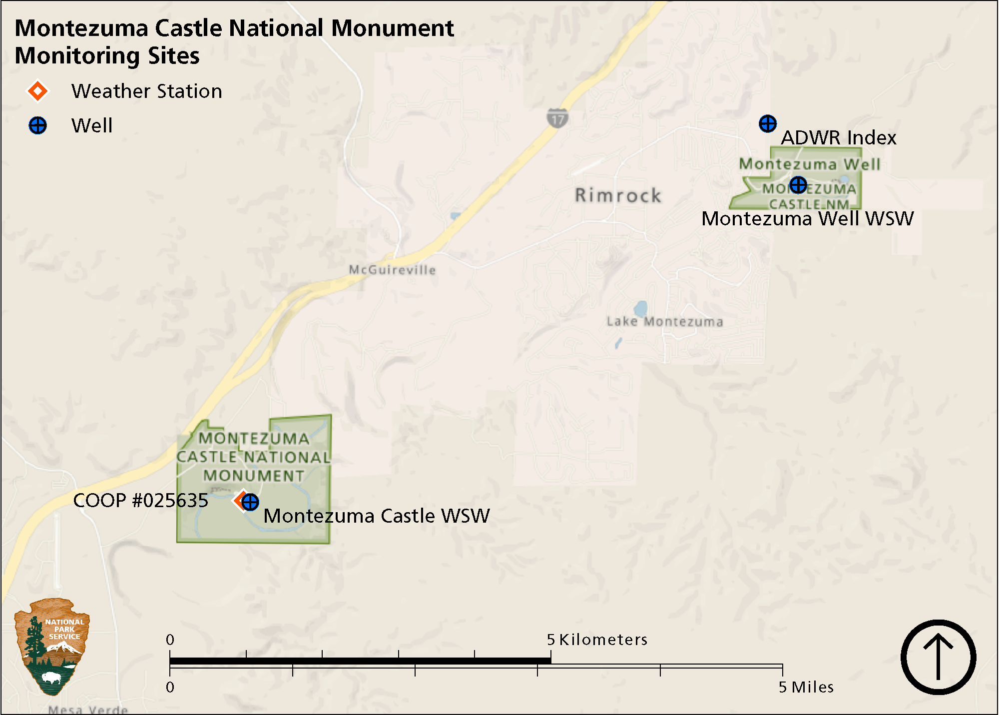 Map of Montezuma Castle National Monument showing location of weather station in the Southwest park unit and the groundwater monitoring wells in both park units.