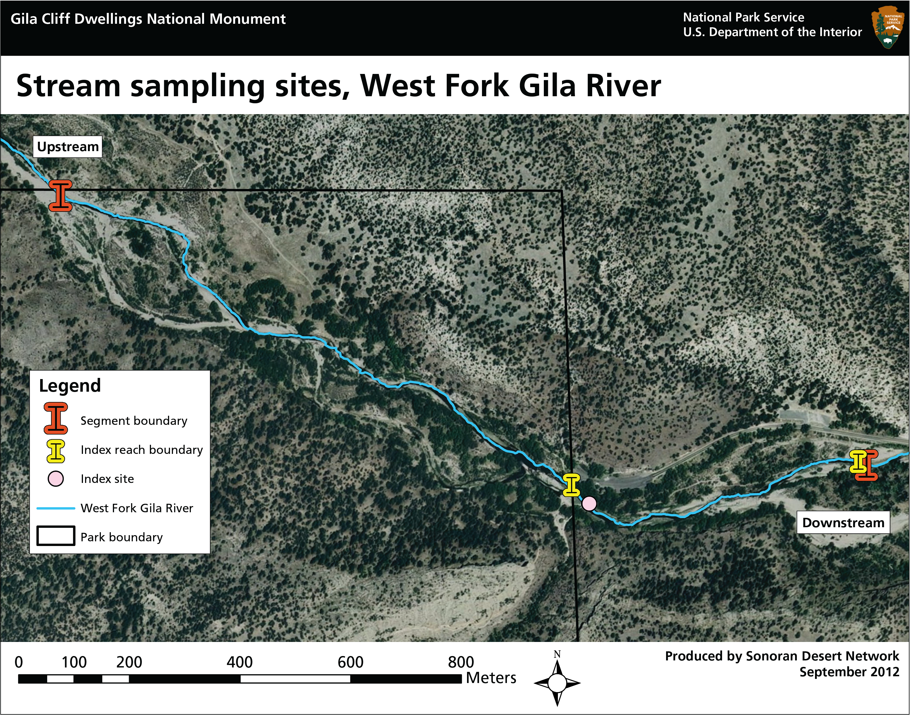 Map showing streams sampling sites on the West Fork Gila River, crossing the northeastern boundary of Gila Cliff Dwellings National Monument.