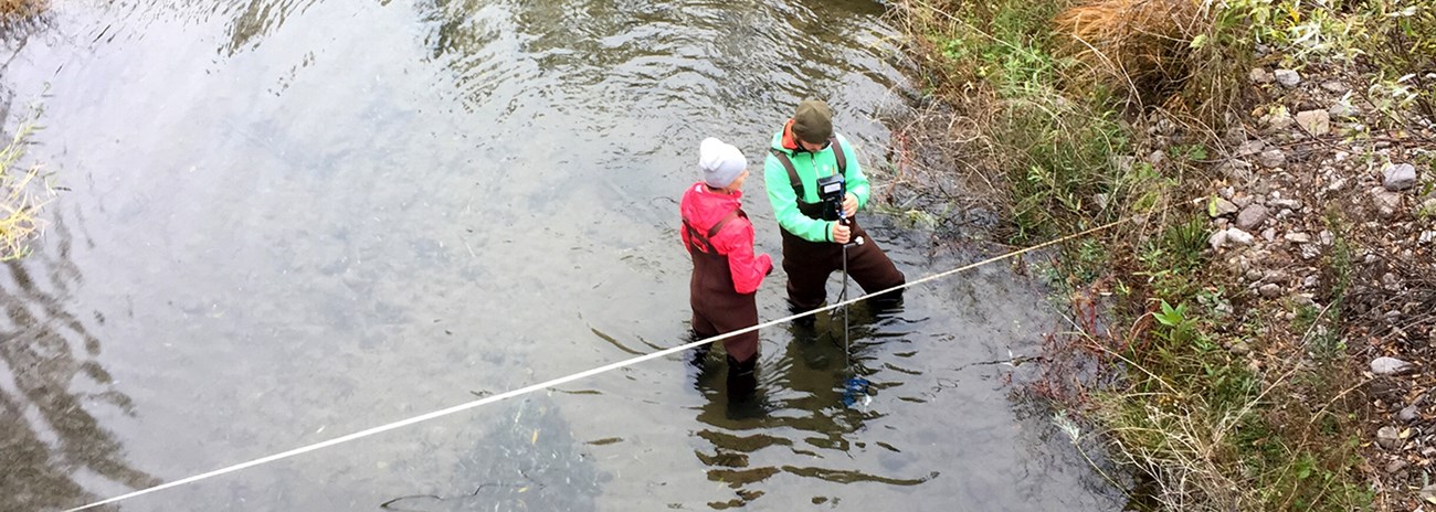 Camera looks down on two people in neoprene waders measuring streamflow next to a transect tape