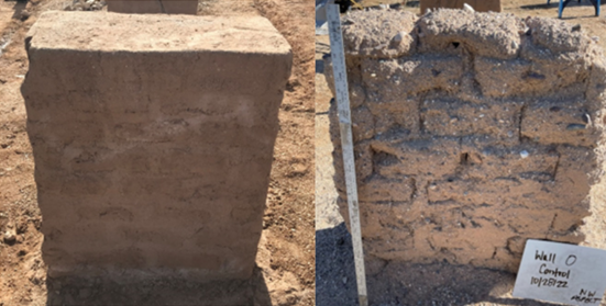 Two photos of adobe test walls. One is new, the other weathered.
