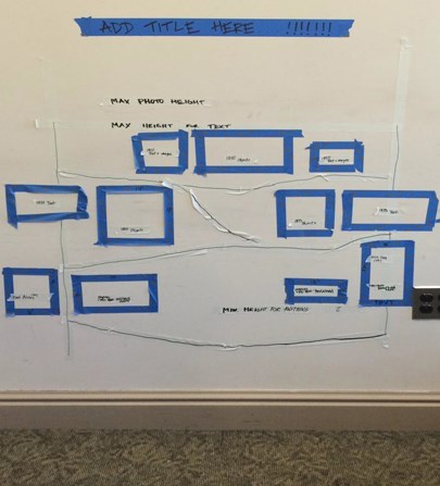 Masking tape rendition of the stratigraphic layers in the privy with artifacts (blue tape) found in their respective periods.