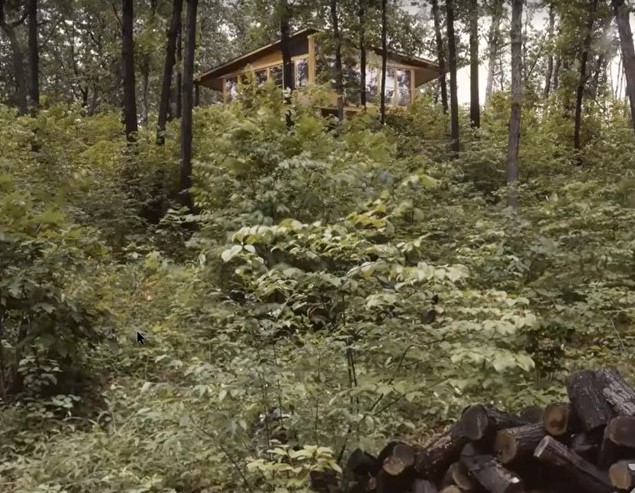Historic color photograph of Jun and Florence Fujita's Indiana Dunes cabin. A small yellow structure peaks through foliage at the top of a hill in a woods.