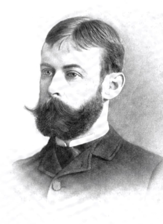 Henry Blake Fuller 1895 Portrait of a bearded man with dark hair and a large mustache; wearing a dark suit