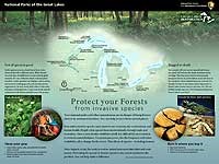 Poster with image inserts, map of Great Lakes with parks locations and description of 2 invasive species