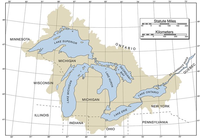 Map of the Great Lakes depicting the boundary of the Great Lakes watershed as well as the surrounding states and provinces.