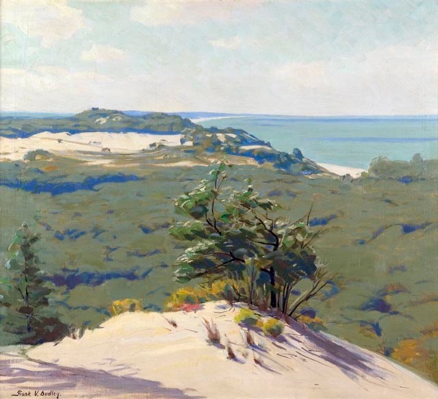 Colorful painting of vast forest sand dunes along Lake Michigan. A sandy knob with a few lone trees sits in the foreground. Viewshed is from the top of a sand dune.