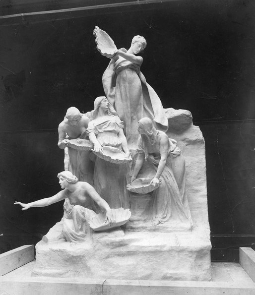 Black and white photograph of working plaster model of Lorado Taft's sculpture "Fountain of the Great Lakes" featuring 5 women, each representing a great lake.