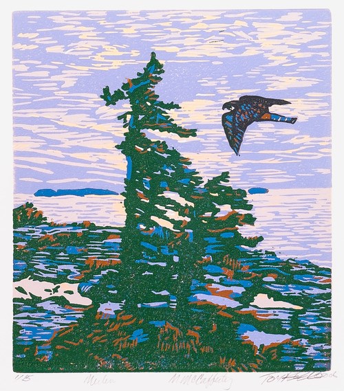 Artwork shows a merlin flying high above a lake next to a tree