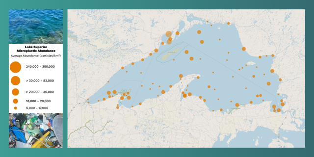 A chart of Lake Superior plotting where microplastic is most abundant.