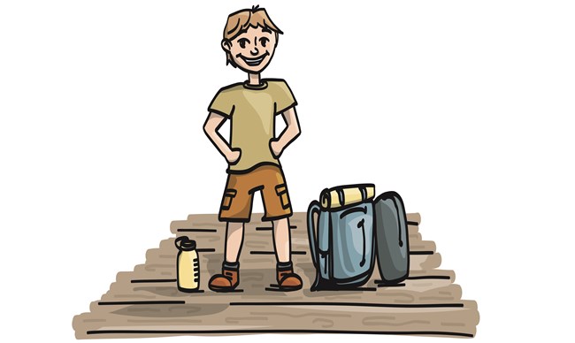 A graphic cartoon of a boy standing on a dock next to a backpack and waterbottle.