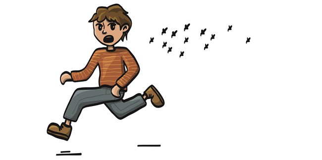 A graphic cartoon of a person running from a cloud of mosquitos.