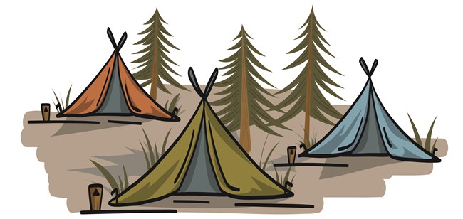 A graphic cartoon of three tents in a forest.