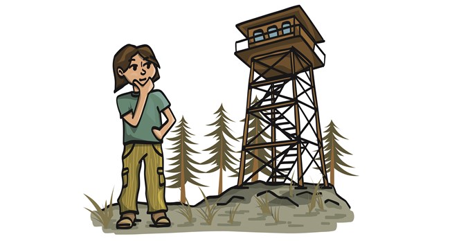 A graphic cartoon of a person looking at a fire tower.