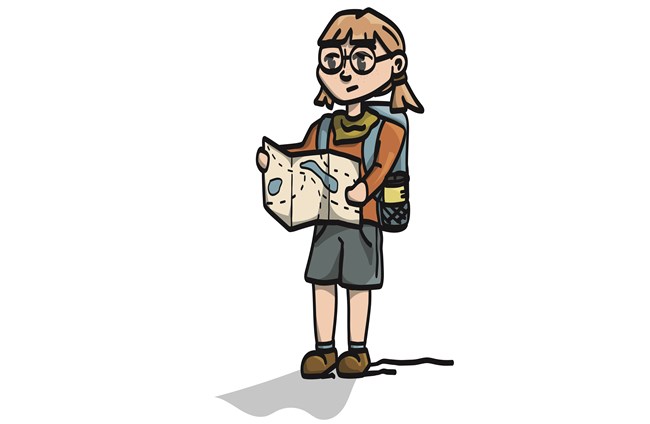 A graphic cartoon of a person looking at a map.