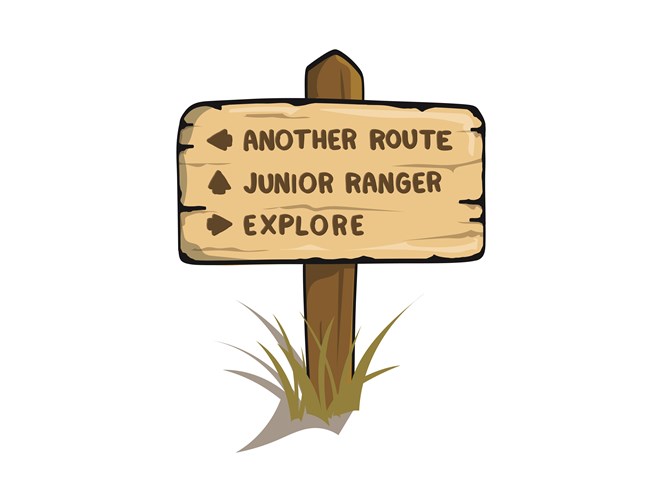 A cartoon of a sign with directions to another route, junior range, or explore.