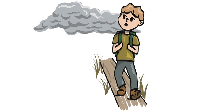 A cartoon of a person looking back at a gray storm cloud.