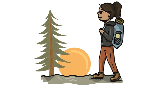 A cartoon of a person hiking while the sun sets behind them.