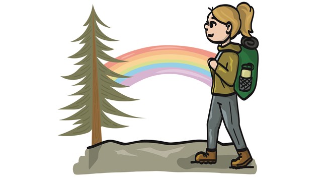A graphic of a kid hiking on trail with a rainbow in the background.