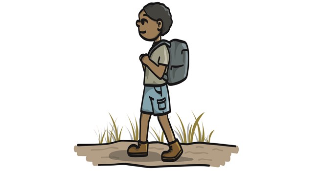A cartoon of a boy hiking.