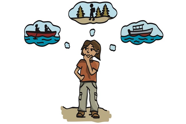 A cartoon of a person deciding between canoe, hike, or ferry.