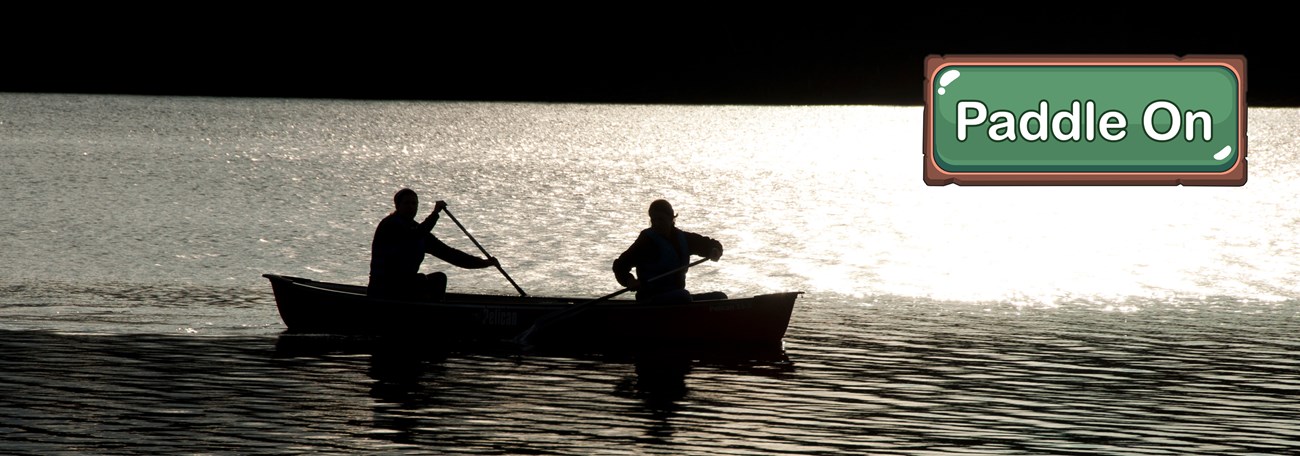 The silhouette of two people paddling in a canoe on a lake.