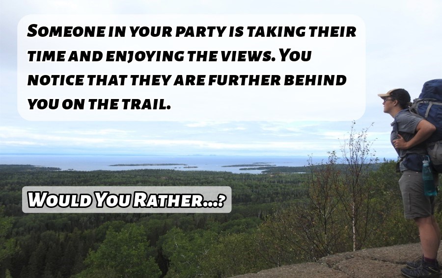 A hiker standing at an overlook looking out. A text box at the top of the image reading, "Someone in your party is taking their time and enjoying the views. You notice that they are further behind you on the trail. Would you rather...?"