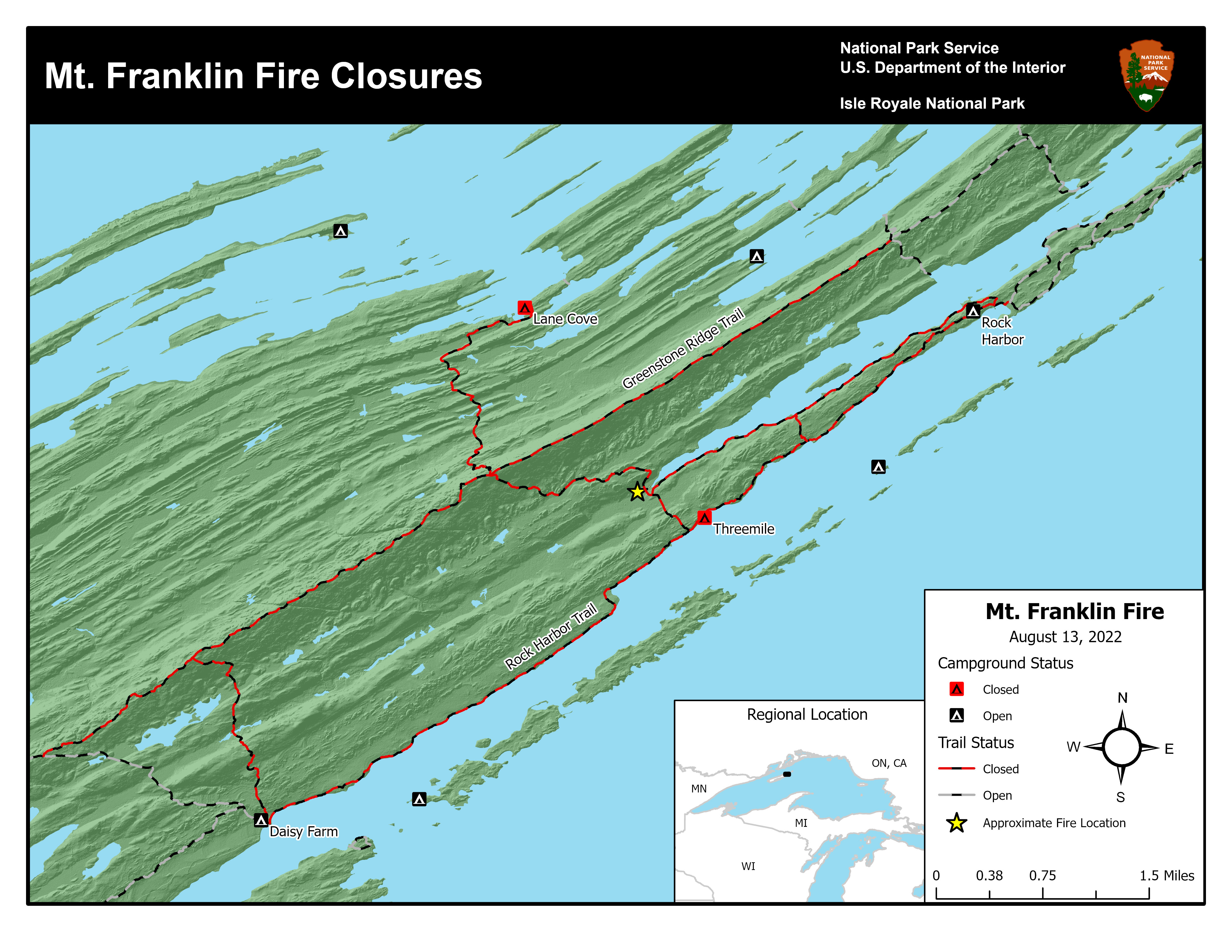 Map of northeastern Isle Royale showing closed trails and campgrounds.