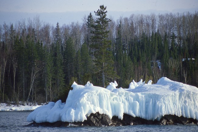 Ice on a rocky shoal.