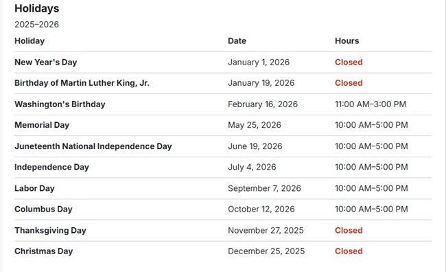 Holiday Hours 2026