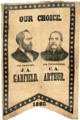 blue and faded white ribbon with Garfield and Arthur's images and the text "our choice, 1880"