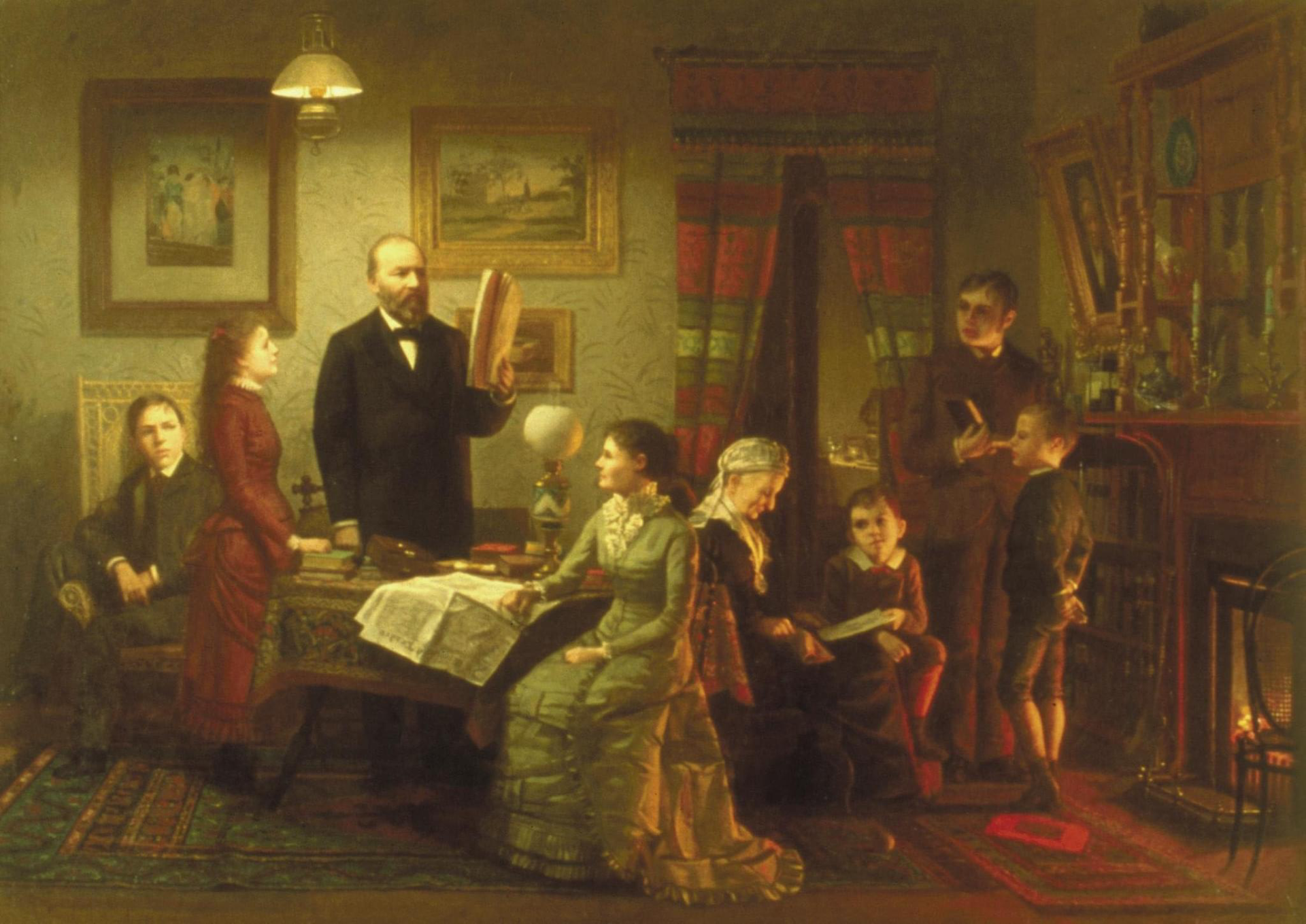winter evening A paintin gives onlookers a wonderful picture of the Garfield family in the parlor of their Mentor home.